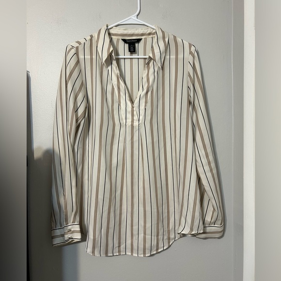 White House Black Market Tops - White House Black Market Women's Striped Shirt - White and Brown